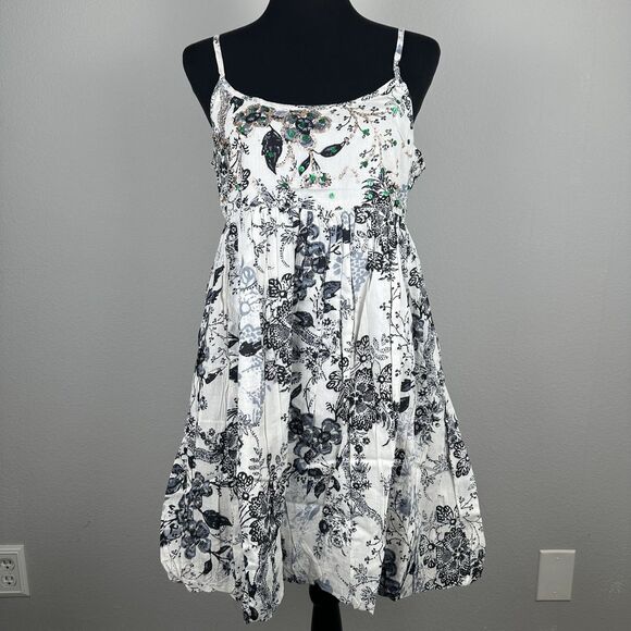 Chaudry KC Babydoll Mini Dress Size Large Sequin Pleated Bubble Hem Cottage Boho - Picture 1 of 14